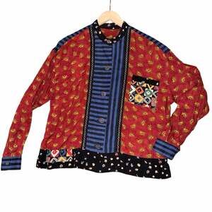 Vintage canvasbacks colorful button front long sleeve top small mandarin collar